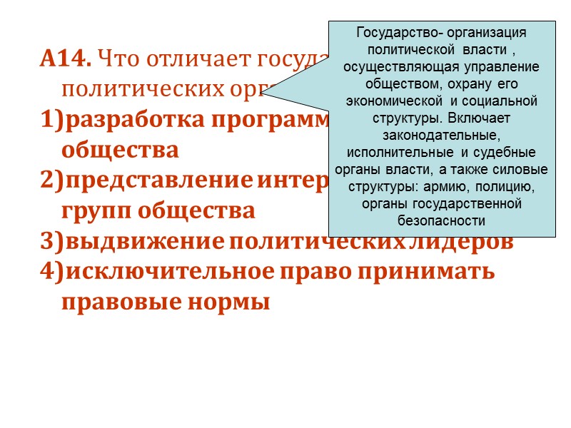 А14. Что отличает государство от других политических организаций? 1)разработка программ развития общества 2)представление интересов